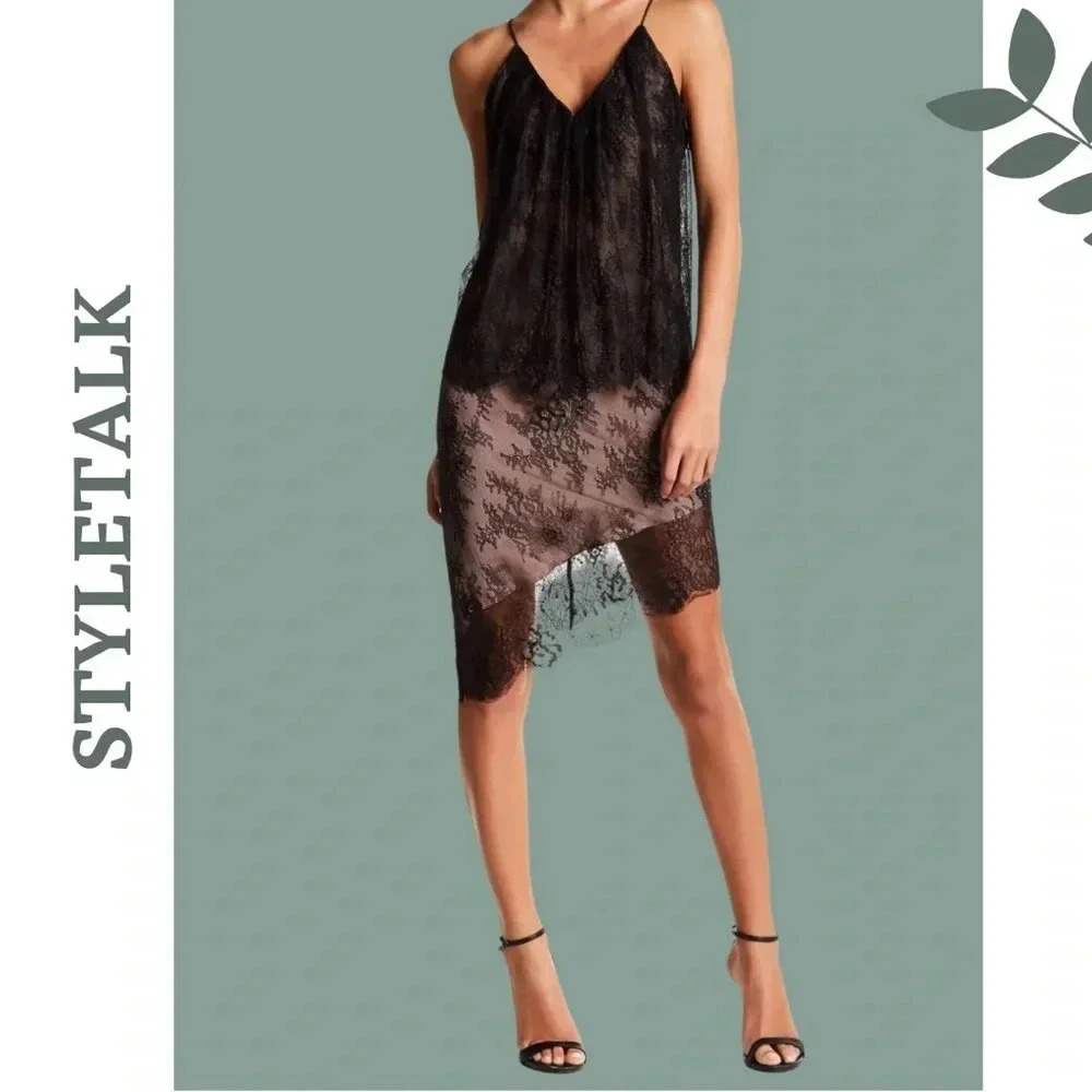 Stylestalker Slip Dress Asymmetrical Black Lace Overlay V Neck Lined Size Small